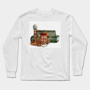 Cottagecore Easter Egg Watercolor, Coffee Leather Books, Green Eggs, Caramel Cake Spring Still Life Long Sleeve T-Shirt